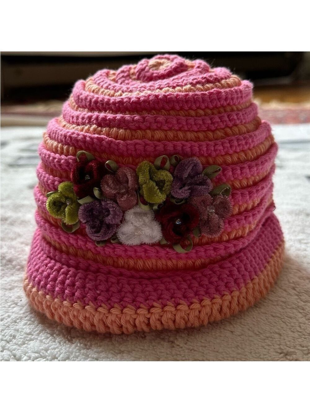 Handmade Toddler Hat Pink and Peach Sherbet Color Crochet with Flowers